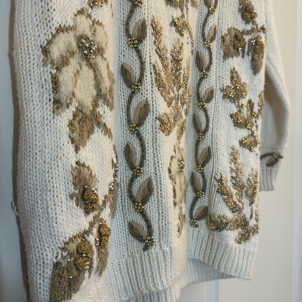 Vintage Talbots Hand Knit Beaded Floral‎ Sweater Ivory Mock Neck Size S - Picture 13 of 17